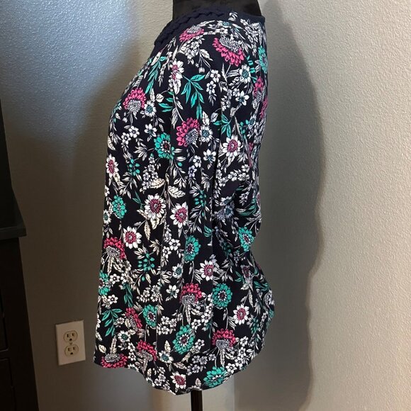 Kim Rogers Floral Print Cotton Top XL Navy 3/4 Sleeve Casual Boho Cottagecore - Picture 5 of 7